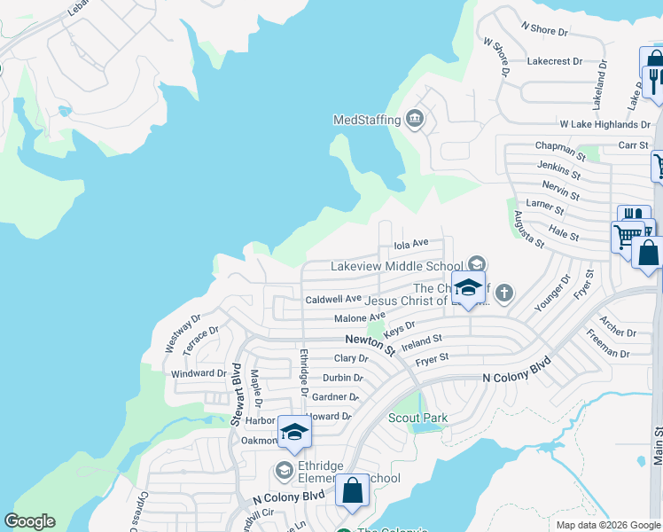 map of restaurants, bars, coffee shops, grocery stores, and more near 4113 Ballard Trail in The Colony