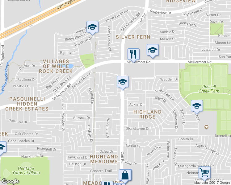 map of restaurants, bars, coffee shops, grocery stores, and more near 8721 Country Glen Crossing in Plano
