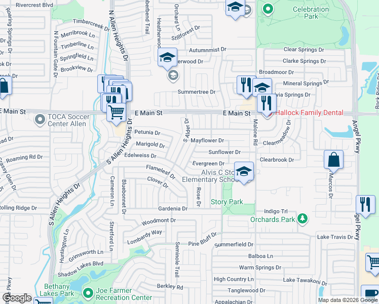map of restaurants, bars, coffee shops, grocery stores, and more near 302 Periwinkle Drive in Allen