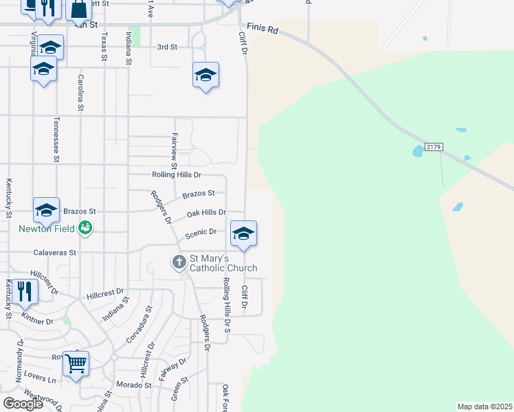 map of restaurants, bars, coffee shops, grocery stores, and more near 1015 Cliff Drive in Graham