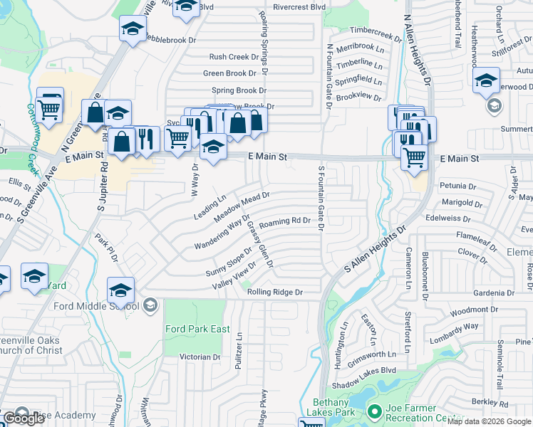 map of restaurants, bars, coffee shops, grocery stores, and more near 810 Wandering Way Drive in Allen