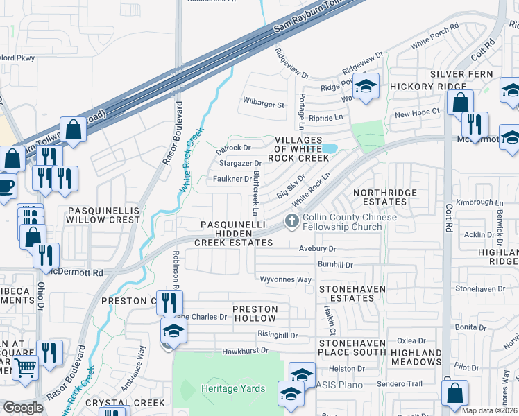 map of restaurants, bars, coffee shops, grocery stores, and more near 8720 Bluffcreek Lane in Plano