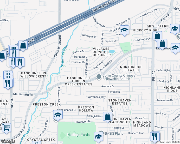 map of restaurants, bars, coffee shops, grocery stores, and more near 8720 Bluffcreek Lane in Plano