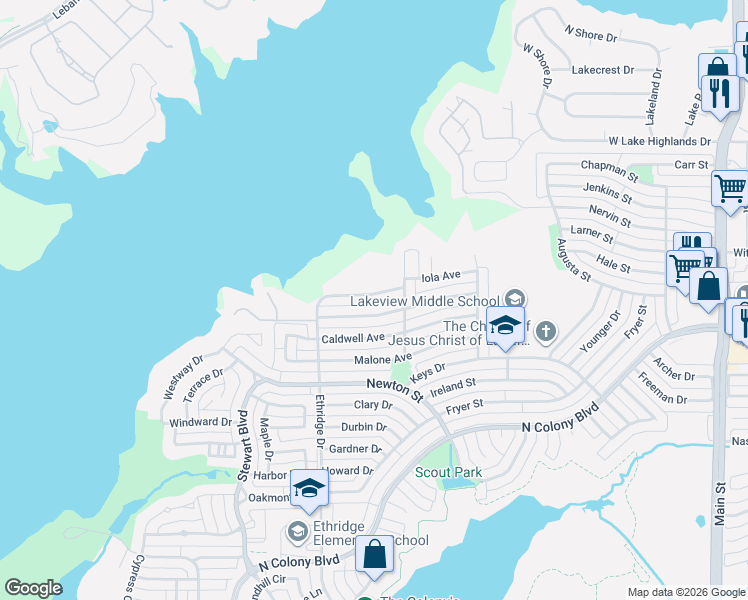 map of restaurants, bars, coffee shops, grocery stores, and more near 4149 Ballard Trail in The Colony