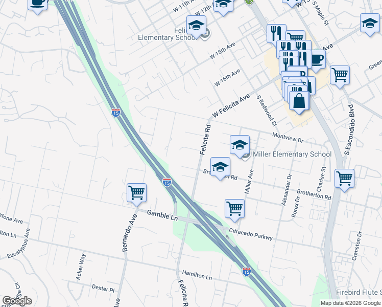 map of restaurants, bars, coffee shops, grocery stores, and more near 1981 Felicita Road in Escondido