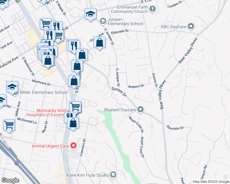 map of restaurants, bars, coffee shops, grocery stores, and more near 2167 Sunset Drive in Escondido