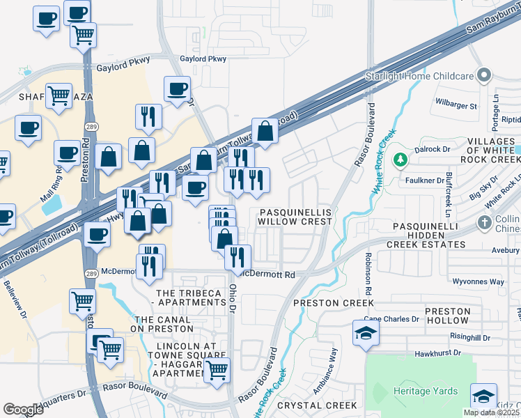 map of restaurants, bars, coffee shops, grocery stores, and more near 4691 Edith Street in Plano