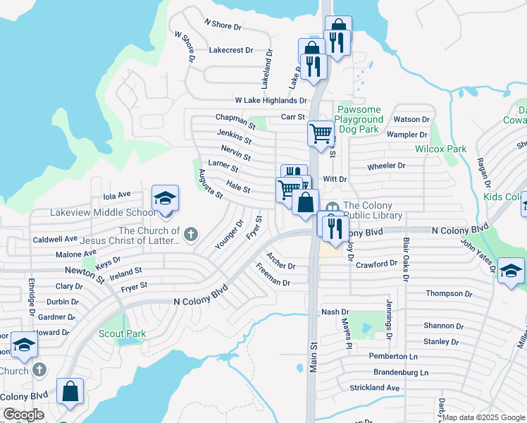 map of restaurants, bars, coffee shops, grocery stores, and more near 6889 Fryer Street in The Colony
