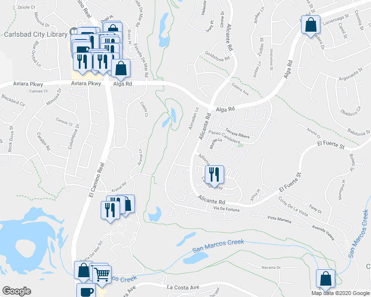 map of restaurants, bars, coffee shops, grocery stores, and more near 7128 Almaden Lane in Carlsbad