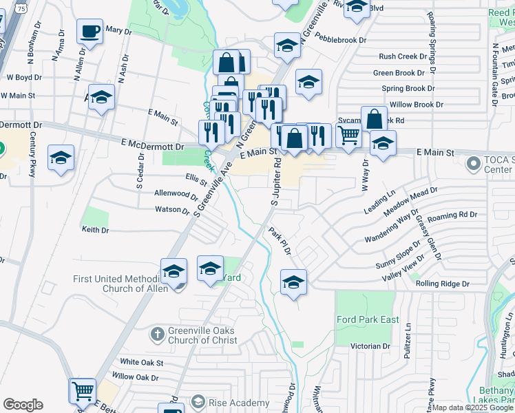 map of restaurants, bars, coffee shops, grocery stores, and more near 310 South Jupiter Road in Allen