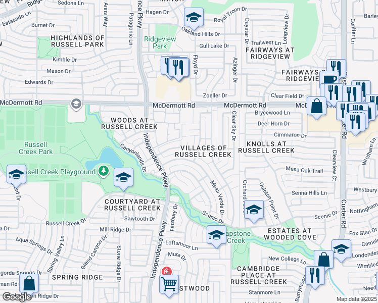map of restaurants, bars, coffee shops, grocery stores, and more near 2816 Shasta Drive in Plano