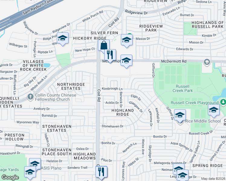 map of restaurants, bars, coffee shops, grocery stores, and more near 3916 Kimbrough Lane in Plano