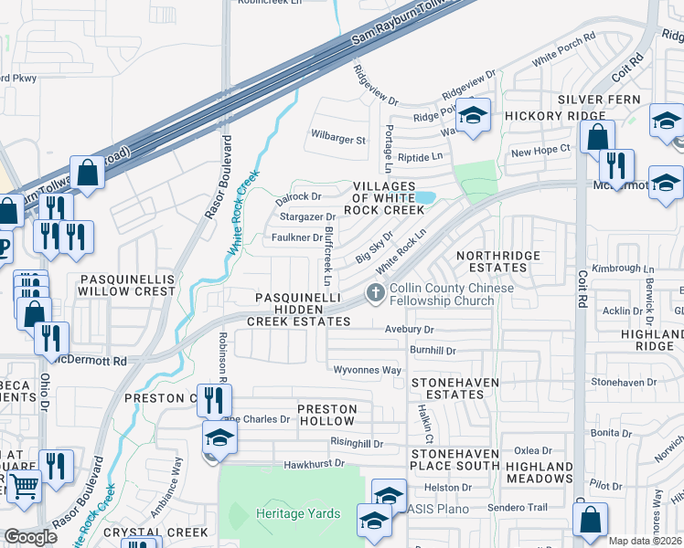 map of restaurants, bars, coffee shops, grocery stores, and more near 8720 Bluffcreek Lane in Plano