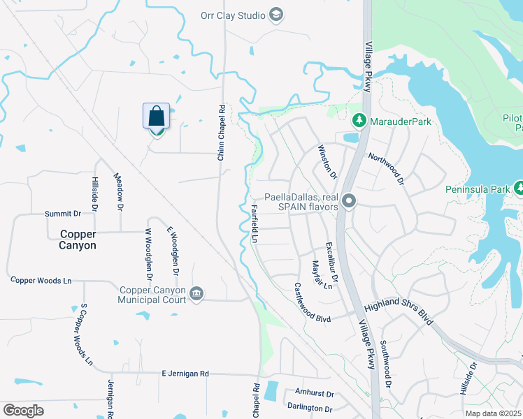 map of restaurants, bars, coffee shops, grocery stores, and more near 3415 Falken Court in Highland Village