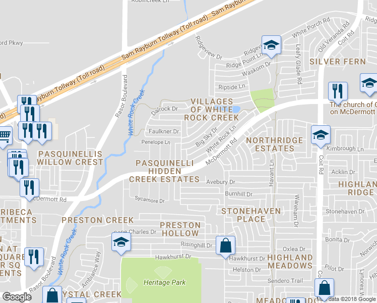 map of restaurants, bars, coffee shops, grocery stores, and more near 4528 Big Sky Drive in Plano