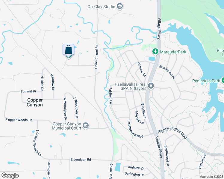 map of restaurants, bars, coffee shops, grocery stores, and more near 3415 Falken Court in Highland Village