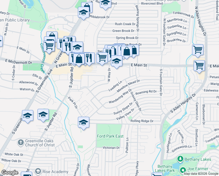 map of restaurants, bars, coffee shops, grocery stores, and more near 723 Leading Lane Drive in Allen