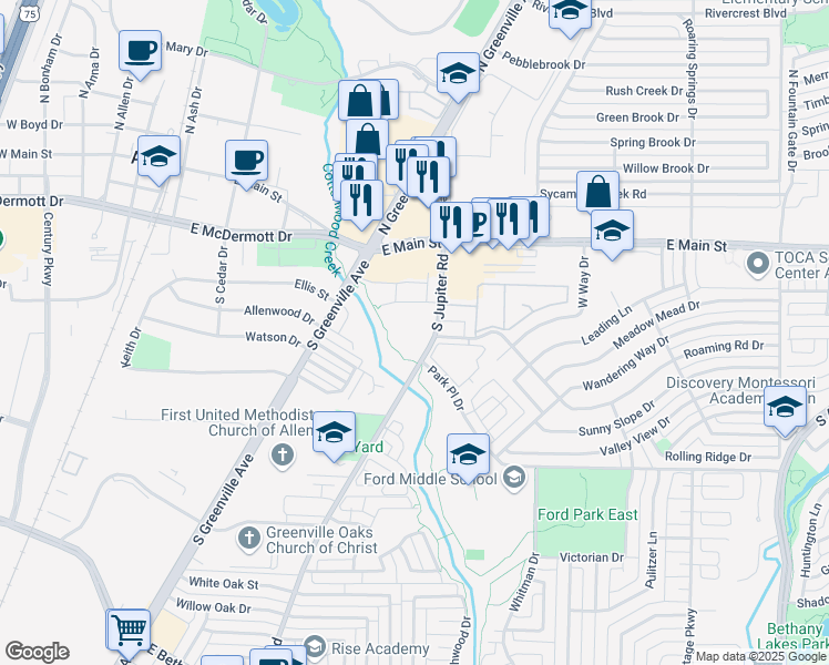 map of restaurants, bars, coffee shops, grocery stores, and more near 310 South Jupiter Road in Allen