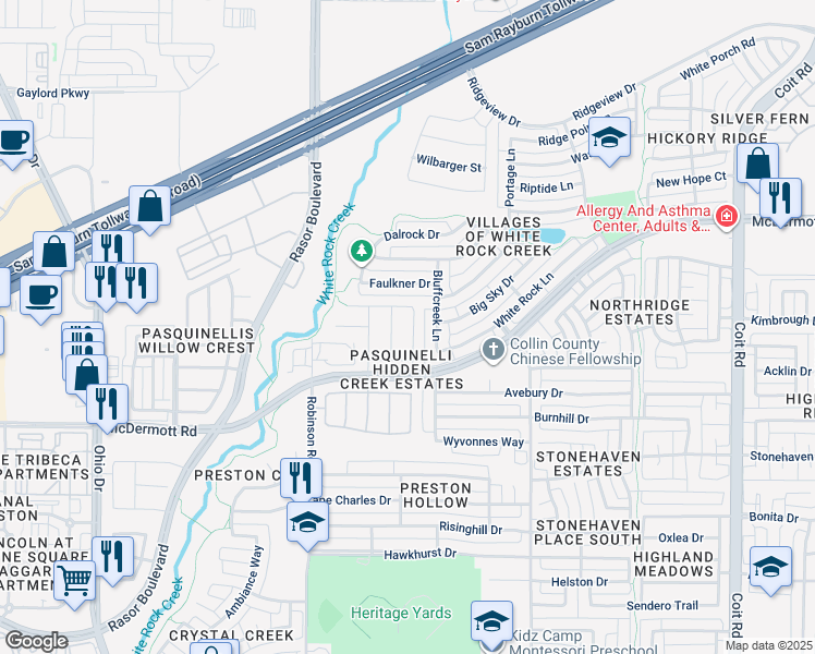 map of restaurants, bars, coffee shops, grocery stores, and more near 8735 Manhattan Avenue in Plano