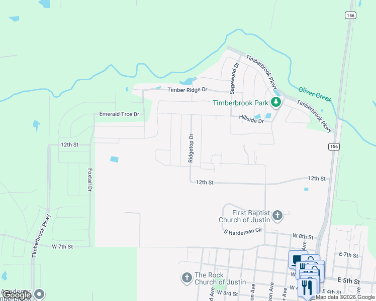 map of restaurants, bars, coffee shops, grocery stores, and more near 1013 Ridgetop Drive in Justin