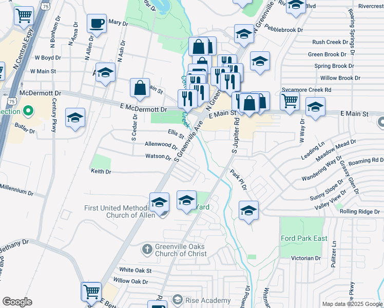 map of restaurants, bars, coffee shops, grocery stores, and more near 515 Toorpu Circle in Allen