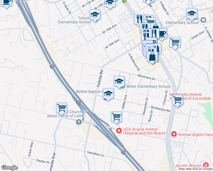 map of restaurants, bars, coffee shops, grocery stores, and more near 1980 Felicita Road in Escondido