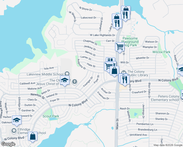 map of restaurants, bars, coffee shops, grocery stores, and more near 6868 Younger Dr in The Colony