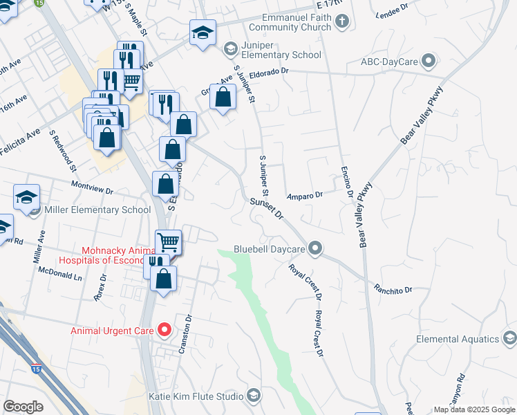 map of restaurants, bars, coffee shops, grocery stores, and more near 2167 Sunset Drive in Escondido