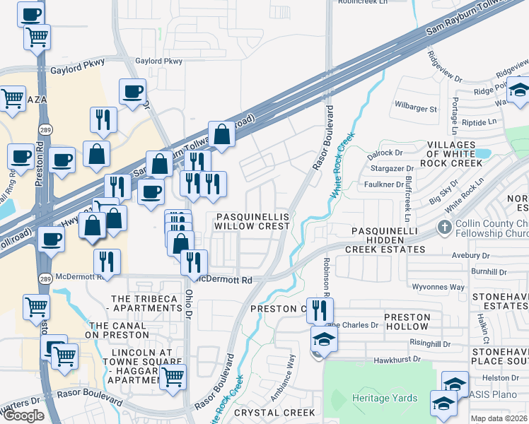 map of restaurants, bars, coffee shops, grocery stores, and more near 8716 Isaac Street in Plano