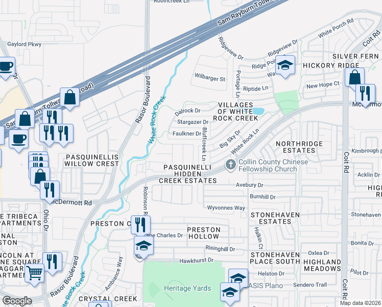 map of restaurants, bars, coffee shops, grocery stores, and more near 8735 Manhattan Avenue in Plano