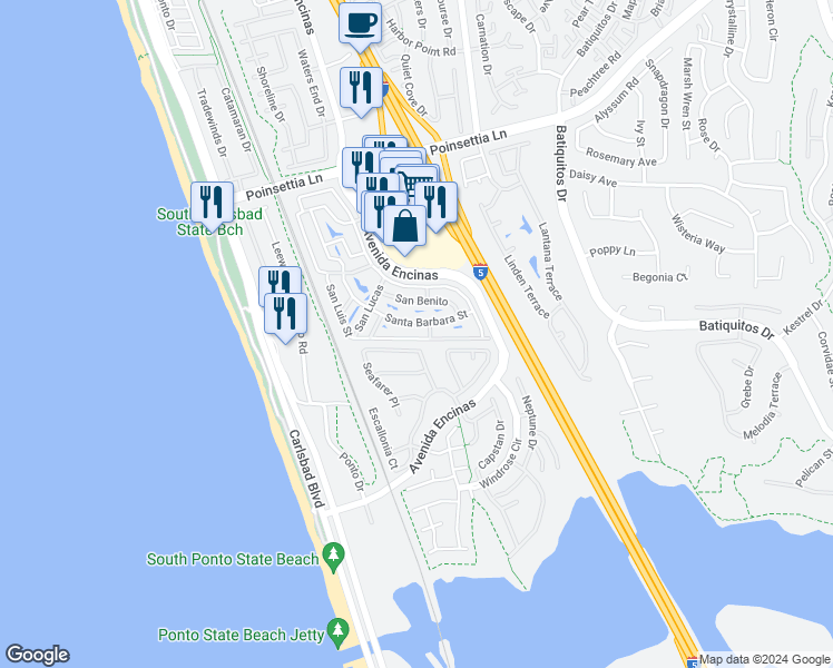 map of restaurants, bars, coffee shops, grocery stores, and more near 7266 San Luis Street in Carlsbad