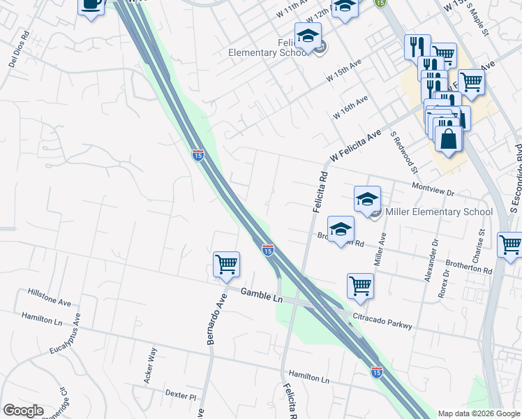 map of restaurants, bars, coffee shops, grocery stores, and more near 1996 Rohn Road in Escondido