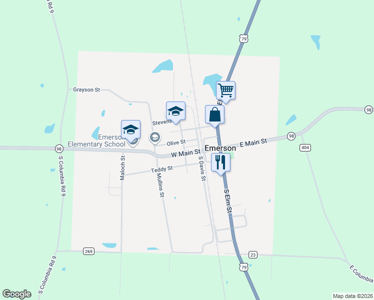 map of restaurants, bars, coffee shops, grocery stores, and more near 206 West Main Street in Emerson