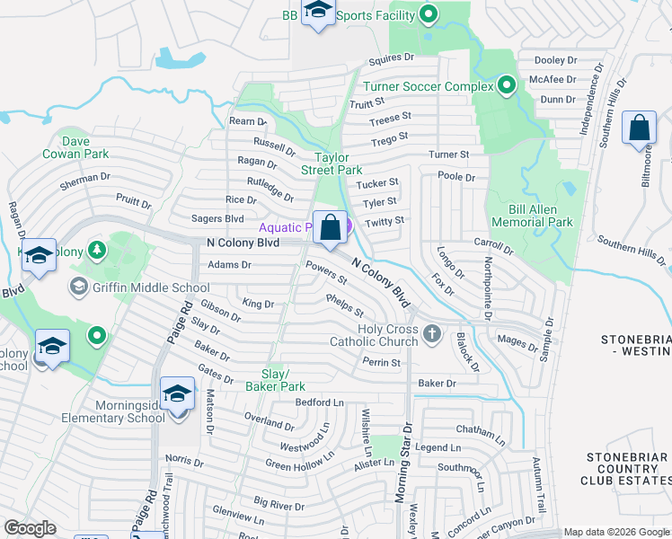 map of restaurants, bars, coffee shops, grocery stores, and more near 5629 Powers Street in The Colony