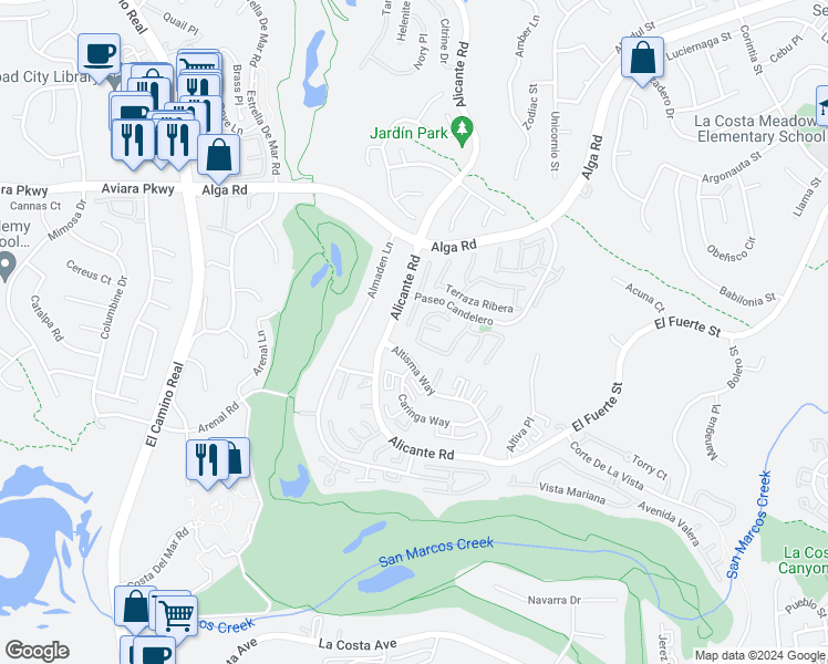 map of restaurants, bars, coffee shops, grocery stores, and more near 7081 Murillo Lane in Carlsbad