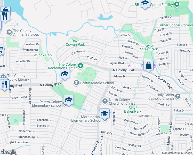map of restaurants, bars, coffee shops, grocery stores, and more near 5201 Gibson Drive in The Colony