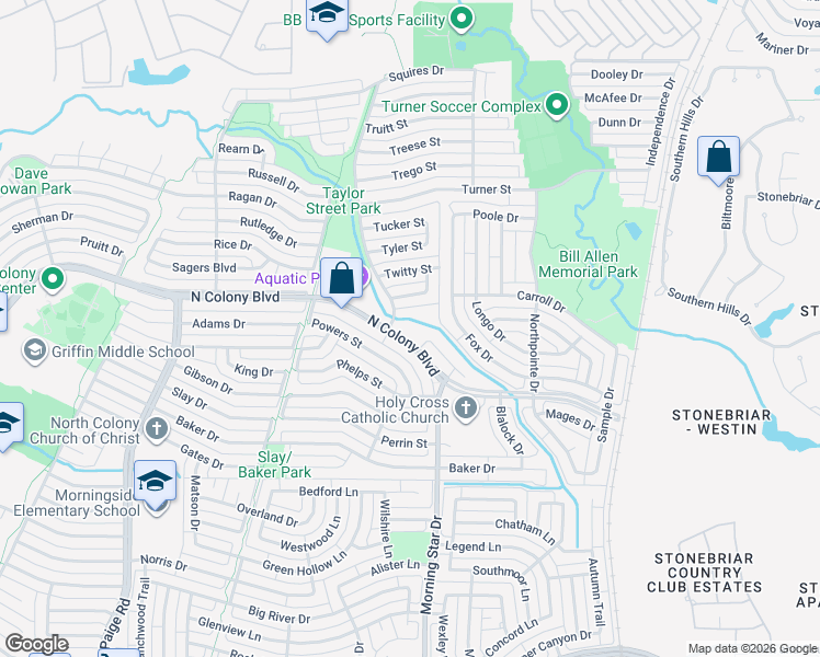 map of restaurants, bars, coffee shops, grocery stores, and more near 5600 North Colony Boulevard in The Colony