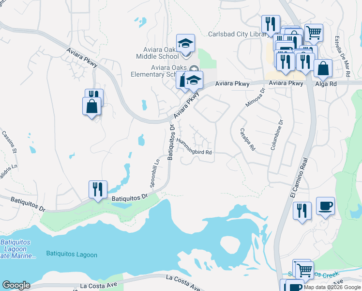 map of restaurants, bars, coffee shops, grocery stores, and more near 7180 Tanager Drive in Carlsbad