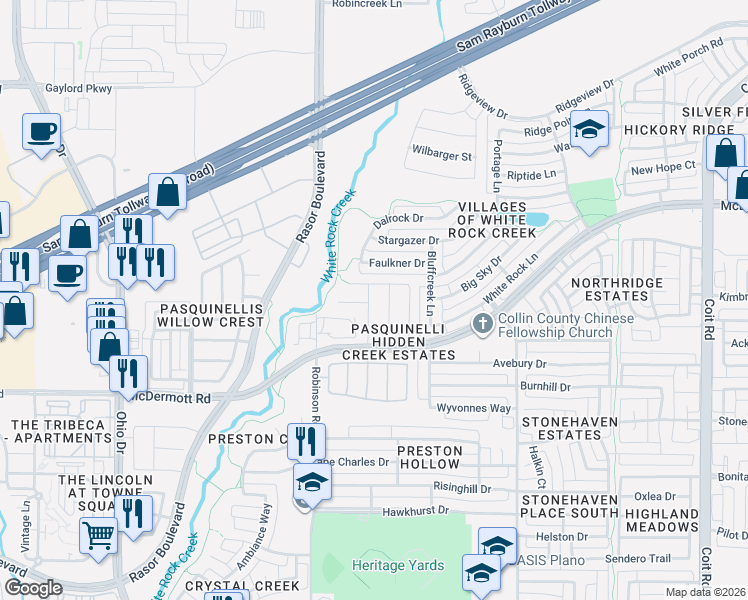 map of restaurants, bars, coffee shops, grocery stores, and more near 8732 San Bernard Street in Plano