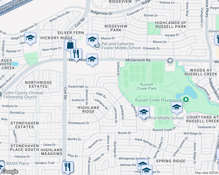 map of restaurants, bars, coffee shops, grocery stores, and more near 3621 Dewberry Court in Plano