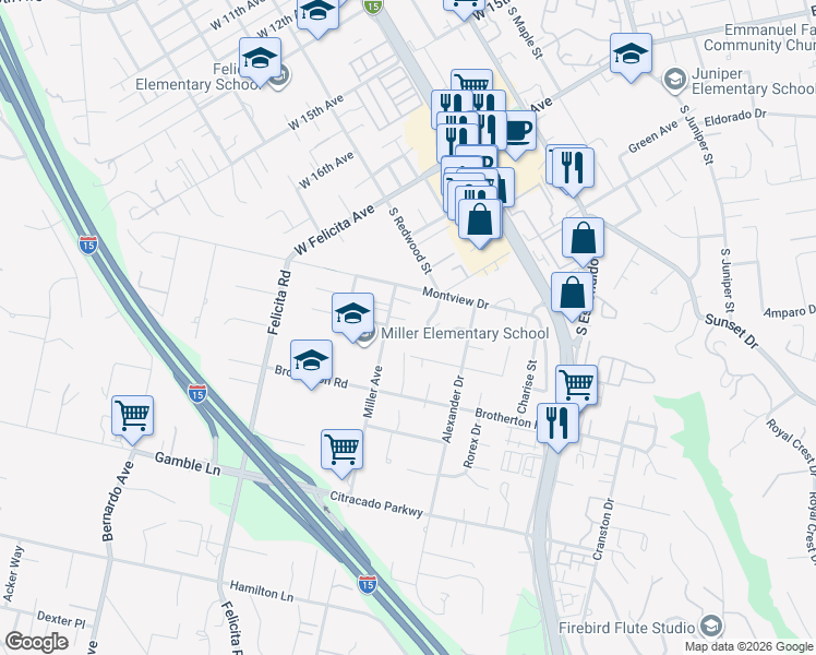 map of restaurants, bars, coffee shops, grocery stores, and more near 665 Danica Place in Escondido