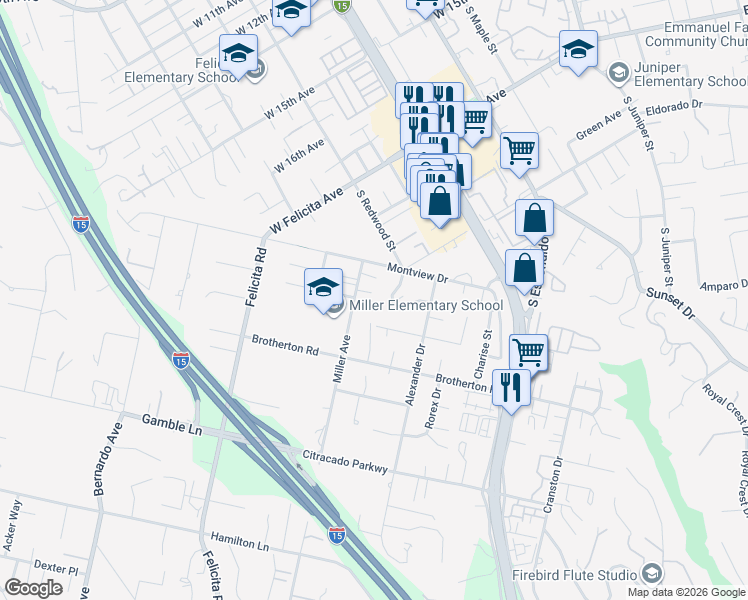 map of restaurants, bars, coffee shops, grocery stores, and more near 665 Danica Place in Escondido