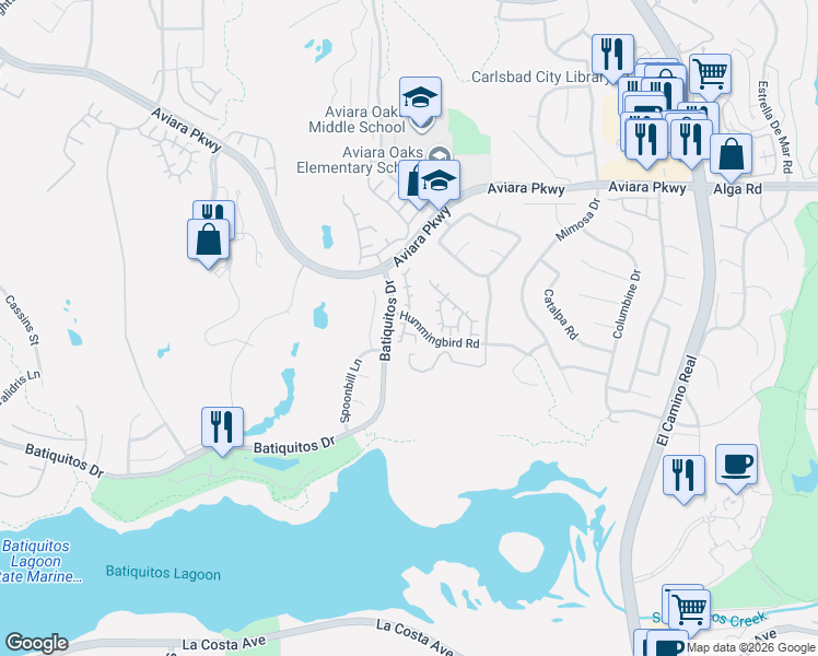map of restaurants, bars, coffee shops, grocery stores, and more near 7180 Tanager Drive in Carlsbad