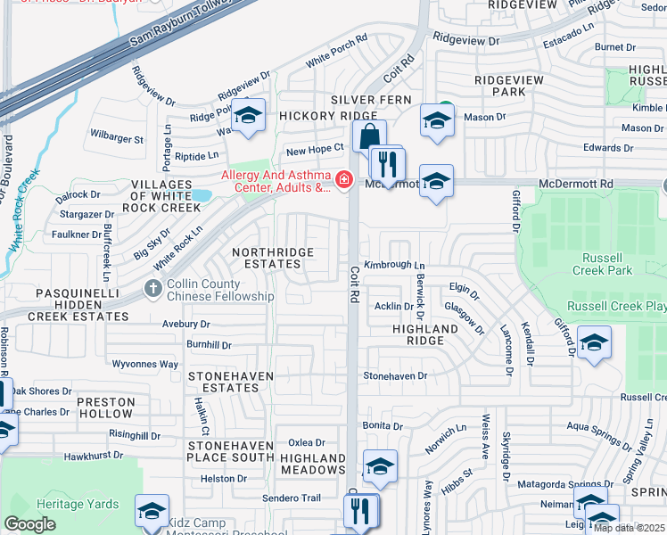 map of restaurants, bars, coffee shops, grocery stores, and more near 8721 Country Glen Crossing in Plano