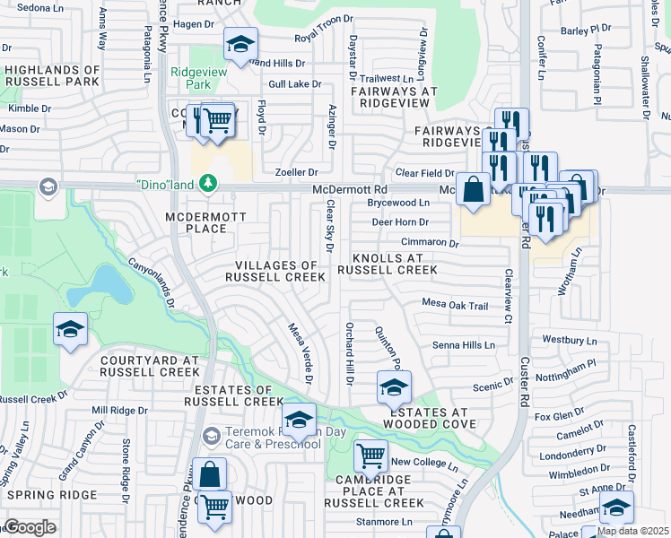 map of restaurants, bars, coffee shops, grocery stores, and more near 8708 Clear Sky Drive in Plano
