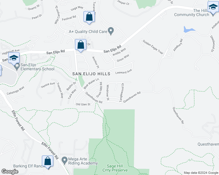 map of restaurants, bars, coffee shops, grocery stores, and more near 1813 Windriver Street in San Marcos