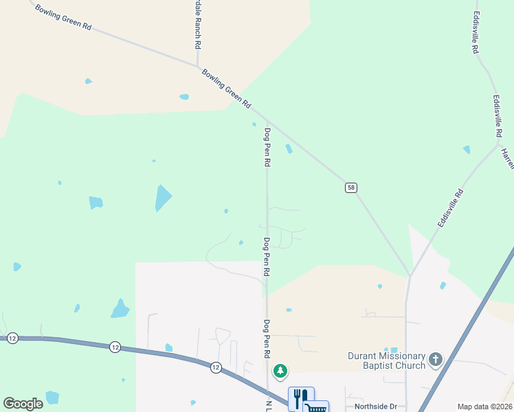 map of restaurants, bars, coffee shops, grocery stores, and more near 63 Dog Pen Road in Durant