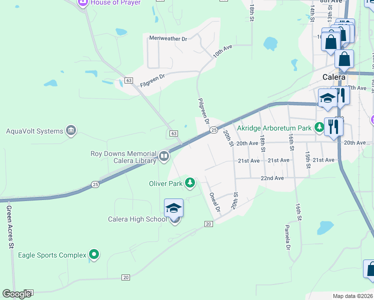 map of restaurants, bars, coffee shops, grocery stores, and more near 9850 Alabama 25 in Calera