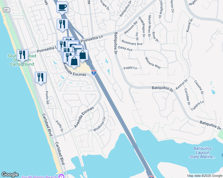 map of restaurants, bars, coffee shops, grocery stores, and more near 7313 Linden Terrace in Carlsbad