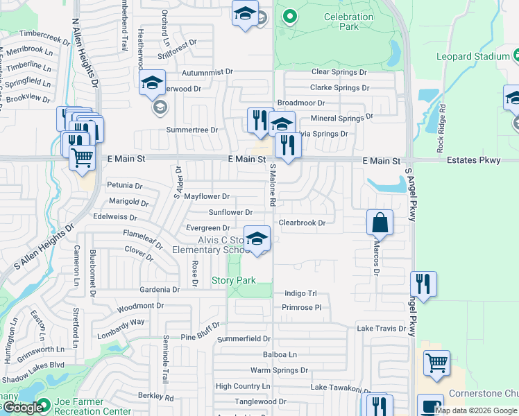 map of restaurants, bars, coffee shops, grocery stores, and more near 1541 Sunflower Drive in Allen